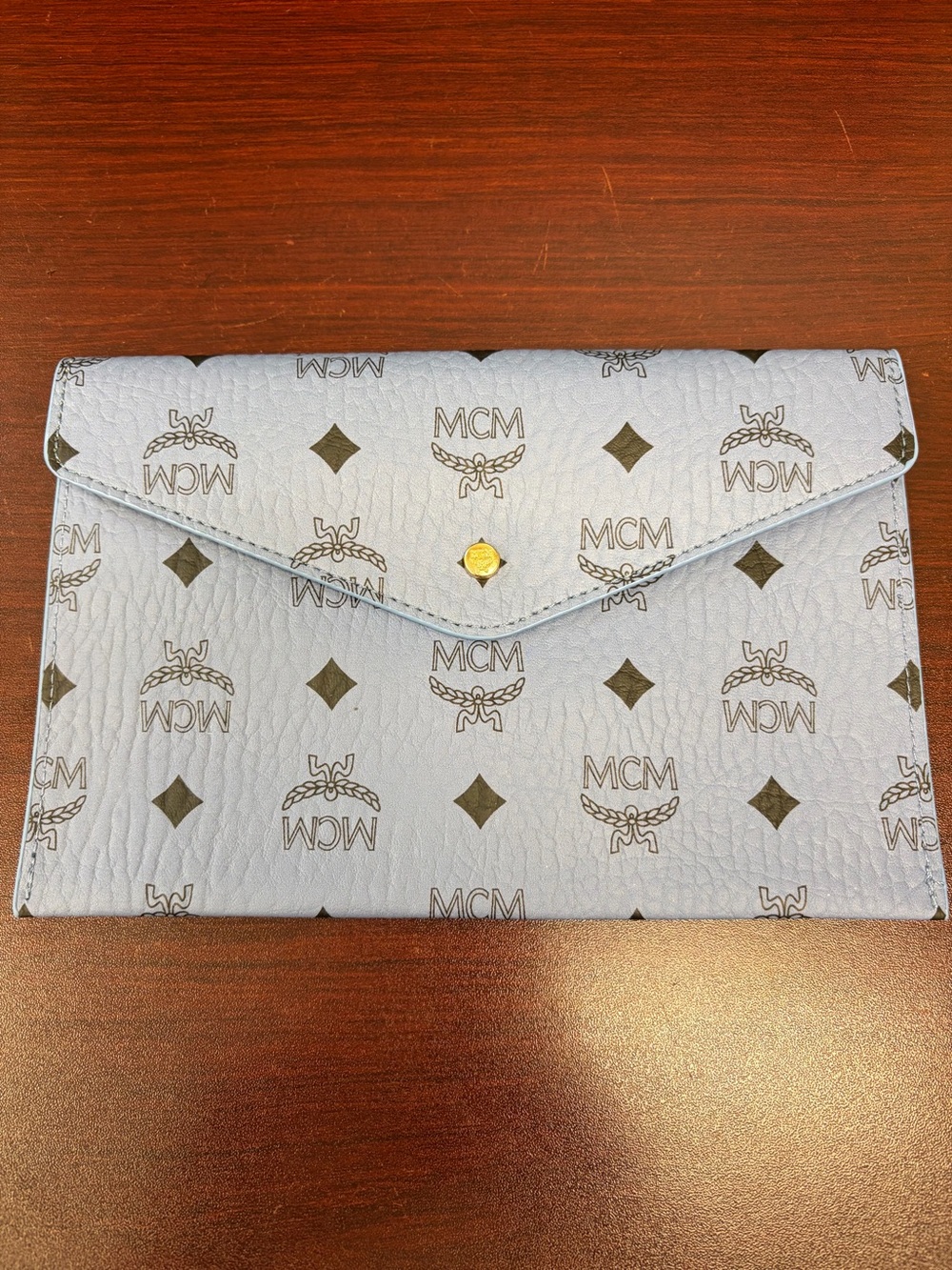 MCM Powder Blue Logo Envelope Clutch Pouch